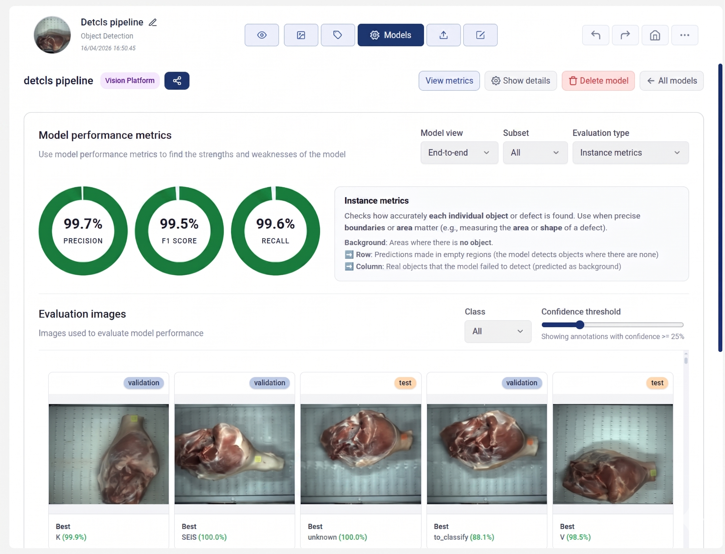 Trained DetCls pipeline view in the Rosepetal platform, showing model performance metrics and evaluation crops.